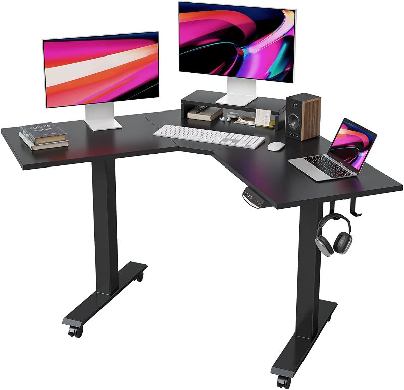 Photo 1 of FEZIBO L Shaped Electric Standing Desk, 48 Inches Corner Sit Stand Desk, Home Office Adjustable Height Desk with Black Top and Black Frame
