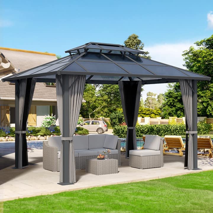 Photo 1 of **INCOMPLETE BOX 1 OF 3***
HAPPATIO 10'x 12' Hardtop Gazebo, Outdoor Polycarbonate Double Roof Aluminum Furniture Gazebo Canopy with Netting and Curtains for Garden, Patio (Gray)
