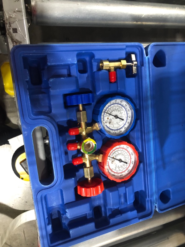 Photo 3 of 3 Way AC Diagnostic Manifold Gauge Set for Freon Charging, Fits R134A R12 R22 and R502 Refrigerants, with 3FT Hose, Tank Adapters, Quick Couplers and Can Tap
