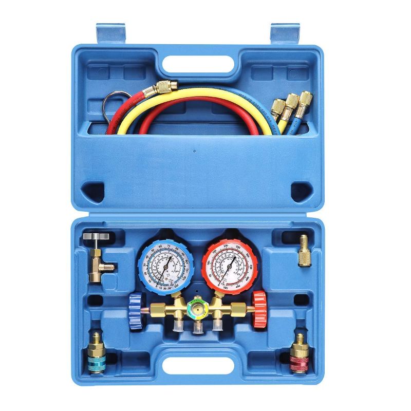 Photo 1 of 3 Way AC Diagnostic Manifold Gauge Set for Freon Charging, Fits R134A R12 R22 and R502 Refrigerants, with 3FT Hose, Tank Adapters, Quick Couplers and Can Tap
