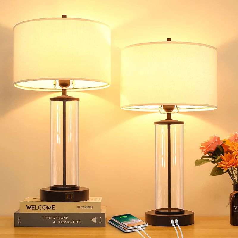 Photo 1 of Modern Touch Control Dimmable Table Lamps with 2 USB Ports for Living Room Set of 2, 3-Way Dimmable Bedside Lamps with White Fabric Drum Shades for Reading Bedroom Nightstand Hotel, LED Bulbs Included
