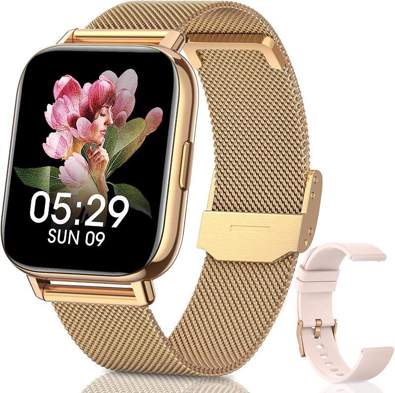 Photo 1 of NAIXUES Smart Watches for Women, 2022 Newest 1.69" HD LCD Smart Watch with Stainless Band Heart Rate Blood Oxygen Sleep Monitor, IP68 Waterproof Fitness Tracker for Android iPhone, Smart Watch Gold
