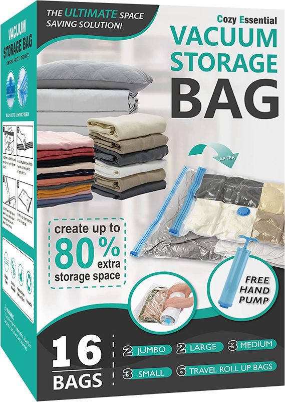 Photo 1 of 16 Pack Vacuum Storage Bags, Space Saver Bags (2 Jumbo/2 Large/3 Medium/3 Small/6 Roll) Compression Storage Bags for Comforters and Blankets, Vacuum Sealer Bags for Clothes Storage, Hand Pump Included