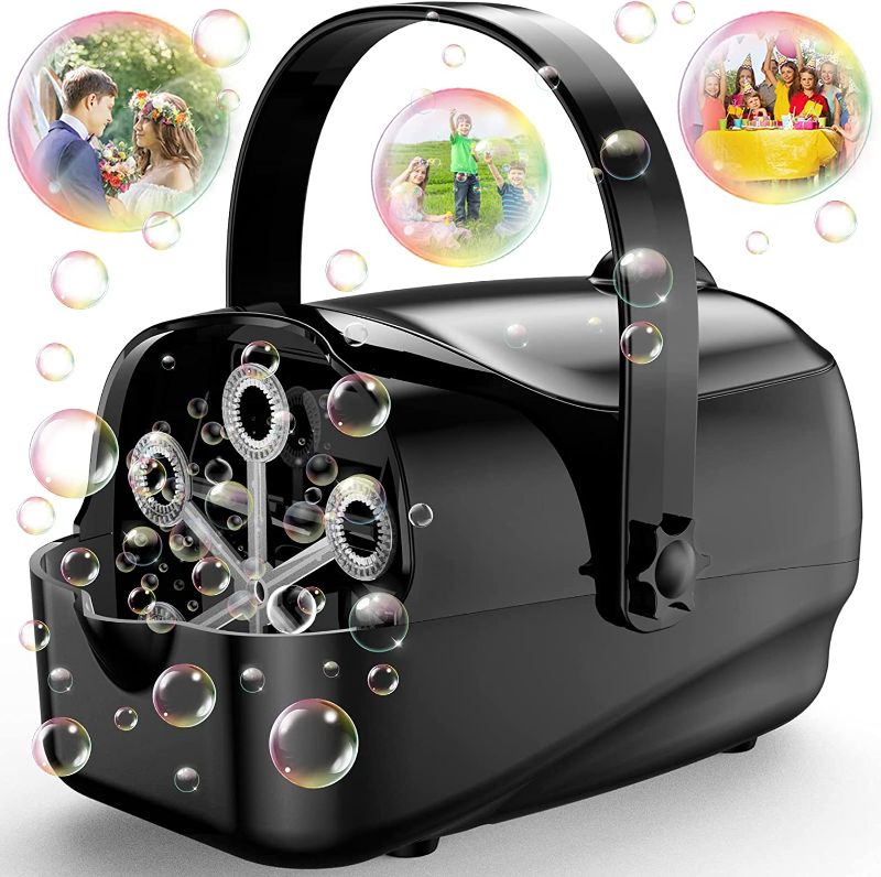 Photo 1 of Bubble Machine, 5000+Bubbles Per Minute Bubbles for Kids Toddlers, Automatic Bubble Blower with 3 Speed Modes, Bubble Maker Operated by Plug in or Batteries, Bubble Outdoor Toys for Parties(Black)