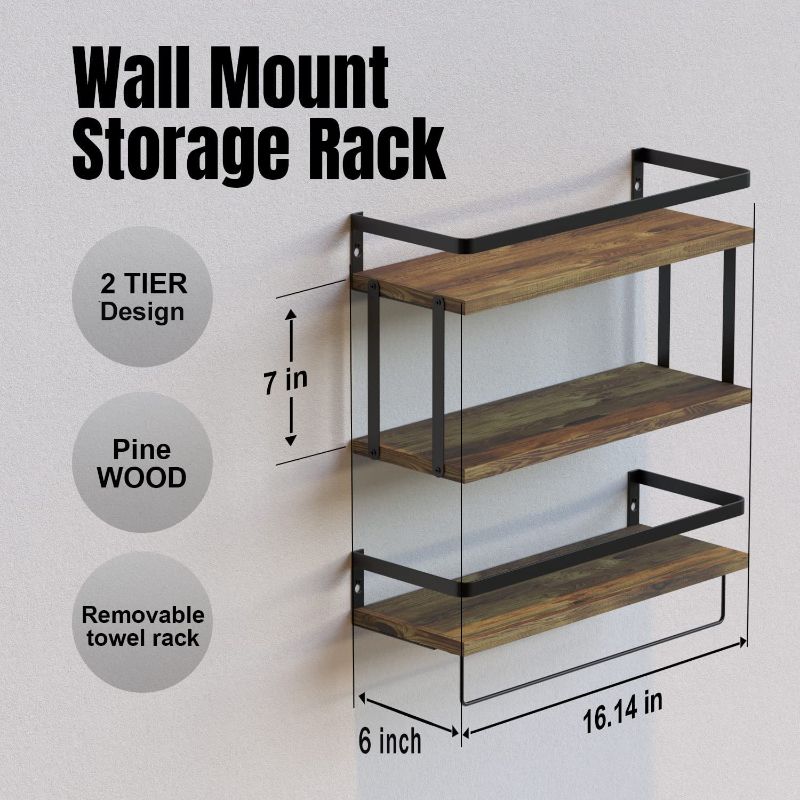 Photo 1 of 2+1 Tier Wall Mounted Floating Shelves Set of 2, Rustic Wood Wall Shelf with Metal Frame, Extra Storage Rack for Bathroom, Kitchen, Bedroom with Tissue Rack & Towel Bar - Rustic Brown