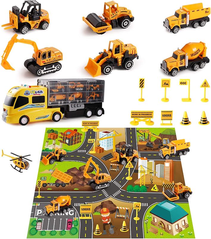 Photo 1 of DOLIVE Construction Diecast Car Toys Kids Alloy Metal Vehicles Play Mat Set,Excavator Cement Dump Truck Tractor Helicopter,Carrier Truck with Sounds &Lights, Gift for 3 4 5 6 Years Old Boys Girls
