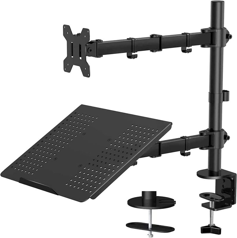 Photo 1 of ***PARTS ONLY*** HUANUO Monitor and Laptop Mount with Tray for 13- 27 inch, Fully Adjustable Laptop Notebook Desk Mount up to 17 inch, Weight up to 22lbs, Extension with Clamp and Grommet Mounting Base