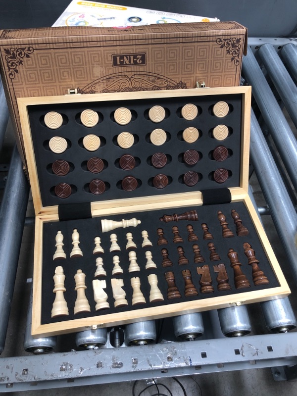 Photo 3 of AMEROUS 15 Inches Magnetic Wooden Chess Set - 2 Extra Queens - Folding Board, Handmade Portable Travel Chess Board Game Sets with Game Pieces Storage Slots - Beginner Chess Set for Kids and Adults
