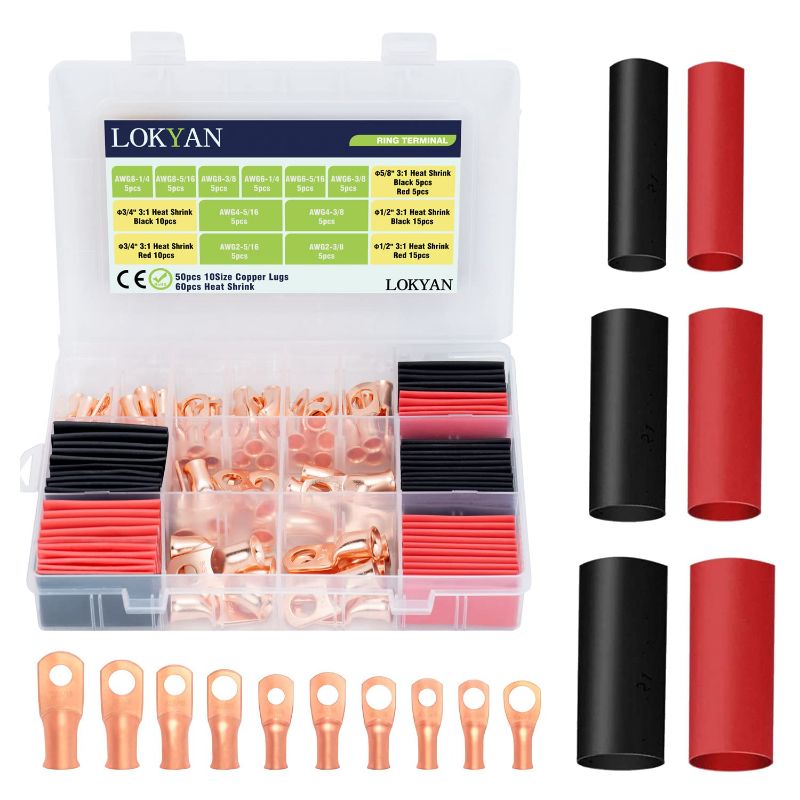 Photo 1 of 110PCs Copper Wire Lugs AWG 2 4 6 8 Battery Terminal Lugs with Heat Shrink Set, 50PCs Heavy Duty Battery Cable Ends Ring Terminals and 60PCs Heat Shrink Tubing Assortment Kit by LOKYAN
