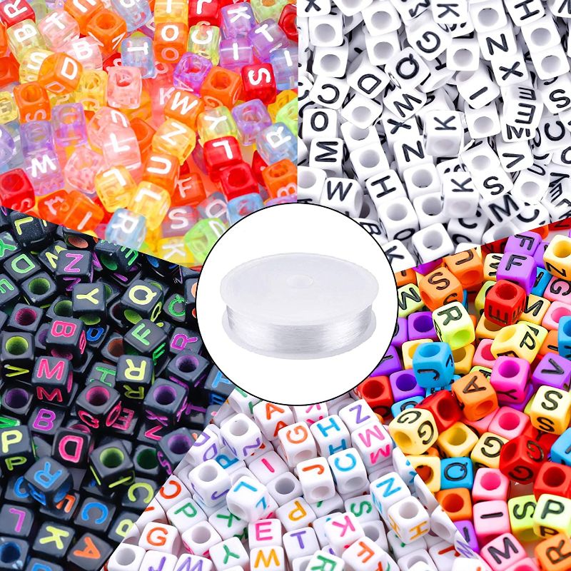 Photo 1 of 1400pcs 5 Color Acrylic Alphabet Cube Beads Letter Beads with 1 Roll 50M Crystal String Cord for Jewelry Making?6mm?