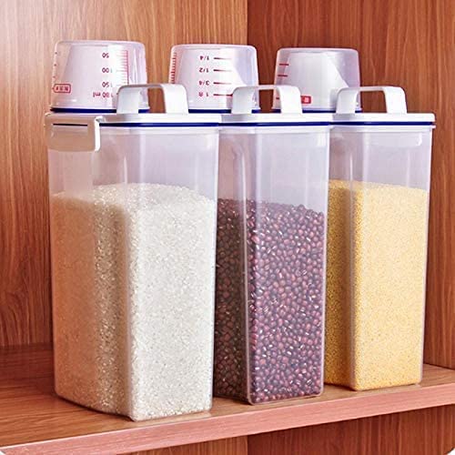 Photo 1 of 3 PCS Rice Bin 2L Rice Container, 3 Pcs Airtight Cereal Container Rice Barrel Dry Grain Dispenser Thicken Rice Cylinder Clear Food Storage Box with Airtight Design Measuring Cup Pour Spout
