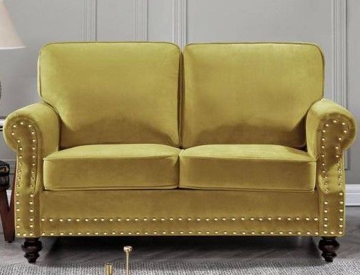 Photo 1 of (Incomplete - Box 1 of 2 Only - Arms Only) Ramos 61 in. W Yellow Round Arm Velvet 2-Seats Nailhead Straight Lawson Sofa
