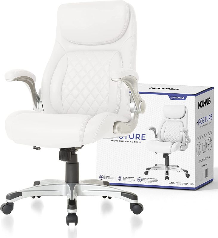 Photo 1 of NOUHAUS +Posture Ergonomic PU Leather Office Chair. Click5 Lumbar Support with FlipAdjust Armrests. Modern Executive Chair and Computer Desk Chair (White)
