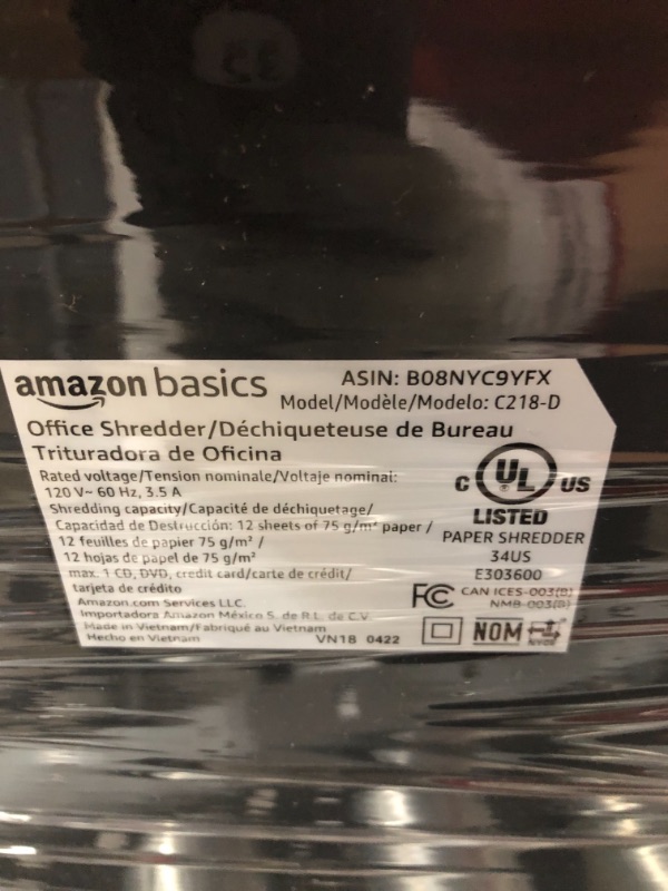 Photo 5 of Amazon Basics Micro Cut Paper Shredder and Credit Card CD Shredder with 6 Gallon Bin, 12 Sheet Capacity
