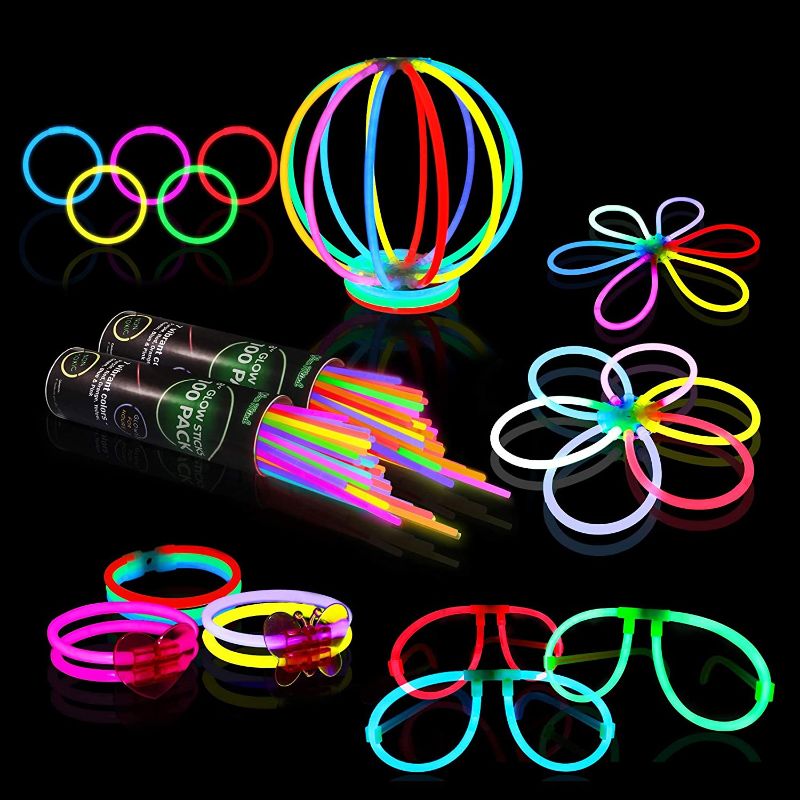 Photo 1 of Glow Sticks Bulk Party Supplies – 458 Piece Glow in The Dark Party Favors Pack for Kids/Adults with 200 Super Bright Glowsticks and Connectors for Bracelets, Necklaces, Glasses, Flower Balls
