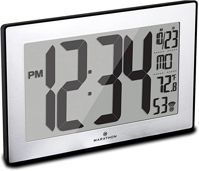 Photo 1 of MARATHON CL030068 Slim Panoramic Atomic Wall Clock with Table Stand (Black/Stainless Steel)
