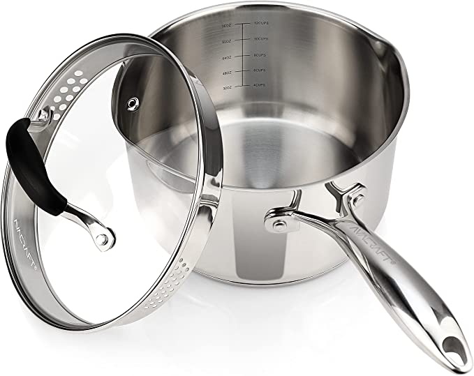 Photo 1 of AVACRAFT Stainless Steel Saucepan with Glass Lid, Strainer Lid, Two Side Spouts for Easy Pour with Ergonomic Handle, Multipurpose Sauce Pan with Lid, Sauce Pot (Tri-Ply Capsule Bottom, 3.5 Quart)
