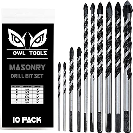 Photo 1 of 10 Piece Masonry Drill Bits Set (Tile, Brick, Cement, Concrete, Glass, Ceramic POTS, CINDERBLOCK, & Wood) Chrome Plated with Industrial Strength Carbide Tips - Bonus Storage CASE Included
