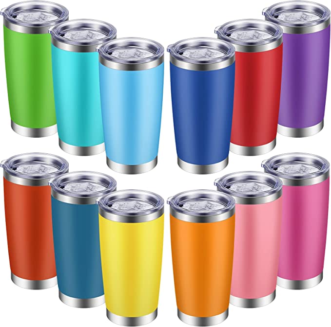 Photo 1 of 12 Pieces 20oz Stainless Steel Tumbler Set with Lid Double Wall Vacuum Insulated Travel Mug Colorful Skinny Coffee Tumbler for Coffee Water Hot Cold Drinks
