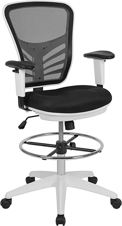 Photo 1 of Flash Furniture Mid-Back Black Mesh Ergonomic Drafting Chair with Adjustable Chrome Foot Ring, Adjustable Arms and White Frame
