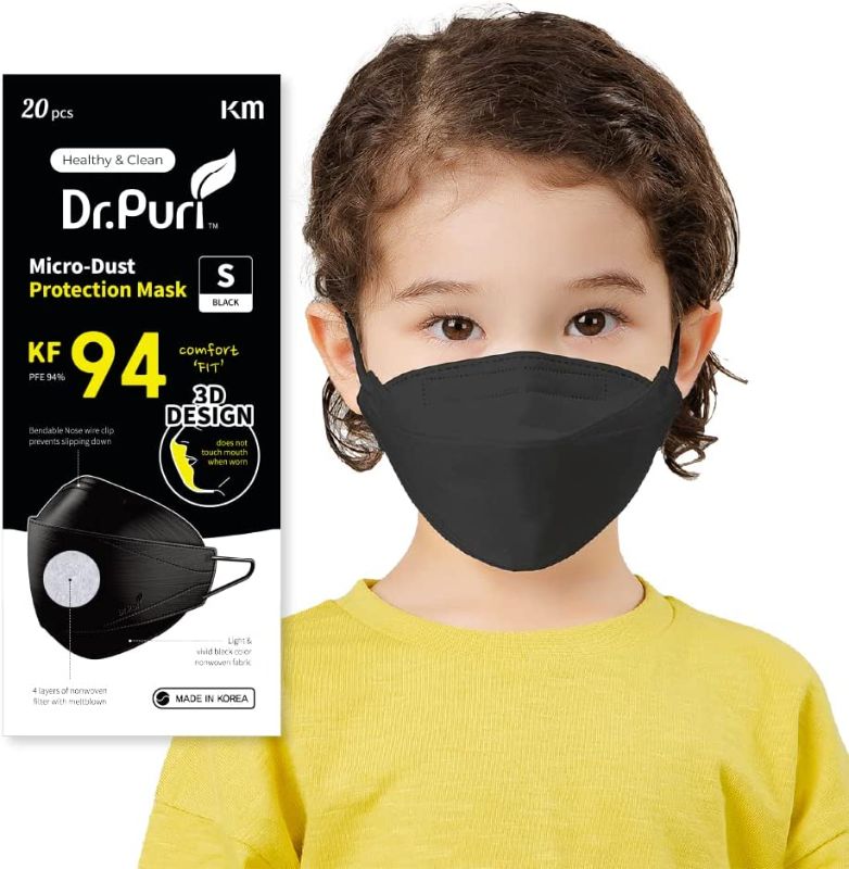 Photo 1 of [20 Pack] Dr.Puri New Micro-Dust Protection Kids Face Premium Mask (KF94) Black Small
