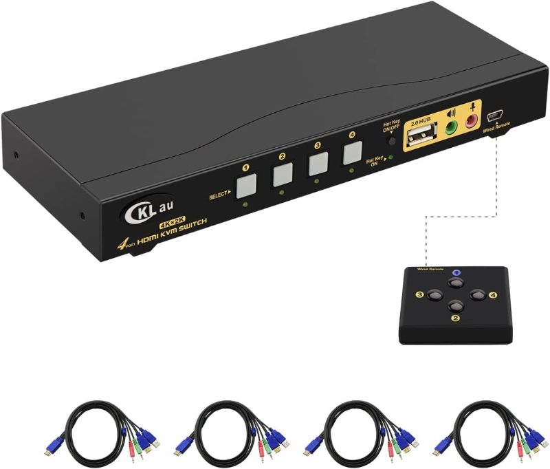 Photo 1 of ***MISSING POWER SUPPLY*** CKLau KVM Switch HDMI 4 Port with USB Hub, Audio and 4 KVM Cables, 4 Port HDMI KVM Switch Support 4K@60Hz 4:4:4, EDID Support Wireless Keyboard Mouse
