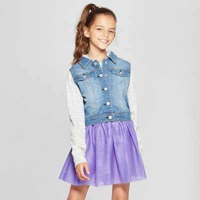 Photo 1 of Girls' French Terry Long Sleeve Hoodie Denim Jacket - Cat & Jack™ Medium Blue L
