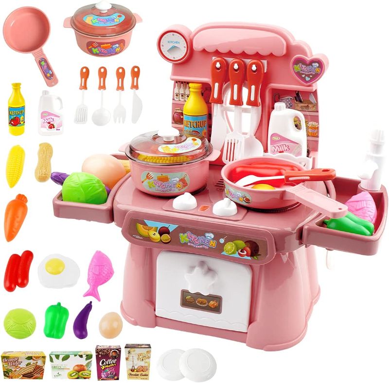 Photo 1 of Kitchen Toys Imitated Chef Light Music Pretend Cooking Food Play Dinnerware Set Safe Cute Children Girl Toy Gift Fun Game Toy Kitchen Sink with Running Water and Electronic Induction Stove