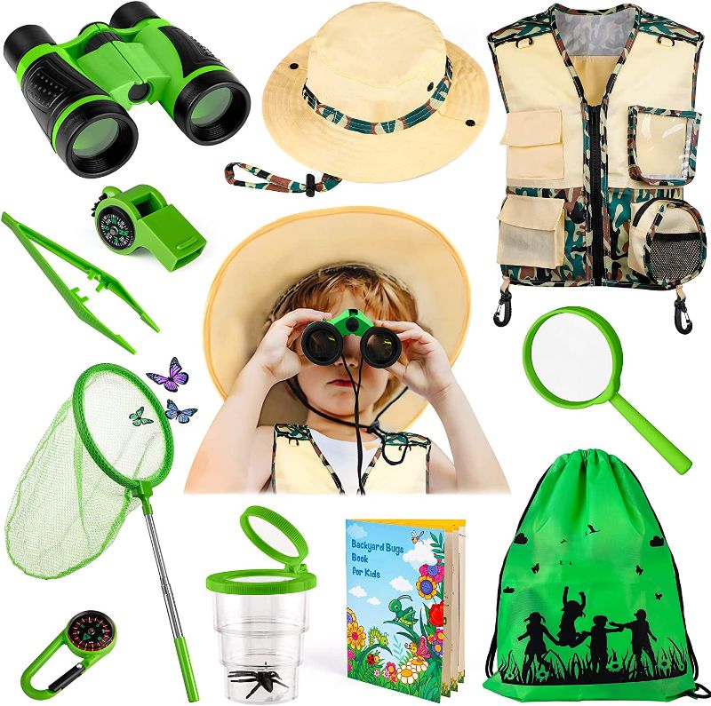 Photo 1 of INNOCHEER Kids Explorer Kit & Bug Catcher Kit & Safari Costume Kit, Outdoor Exploration Set with Hat, Vest, Magnifying Glass, Butterfly Net and Bugs Book for Boys Girls 3-12 Years Old (Blue)