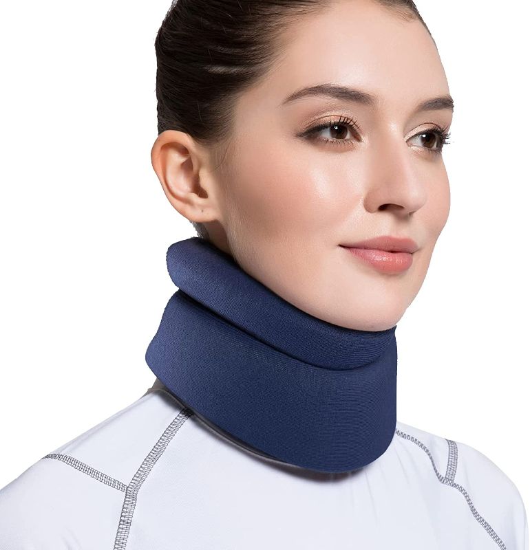 Photo 1 of VELPEAU Neck Brace -Foam Cervical Collar - Soft Neck Support Relieves Pain & Pressure in Spine - Wraps Aligns Stabilizes Vertebrae - Can Be Used During Sleep (Comfort, Blue, Medium, 3?)
