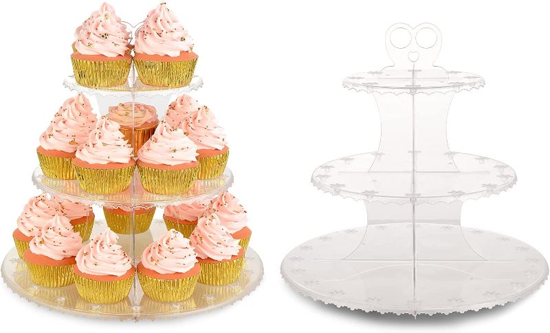 Photo 1 of NWK Pack of 2 Clear 3-Tier Reusable Plastic Cupcake Stand Holder Floral Dessert Tower Treat Display Tree Rack for Birthday Wedding Tea Baby Shower Party
