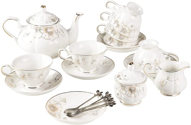 Photo 1 of 21-Piece Porcelain Ceramic Coffee Tea Gift Sets, Cups& Saucer Service for 6, Teapot, Sugar Bowl, Creamer Pitcher and Teaspoons.
