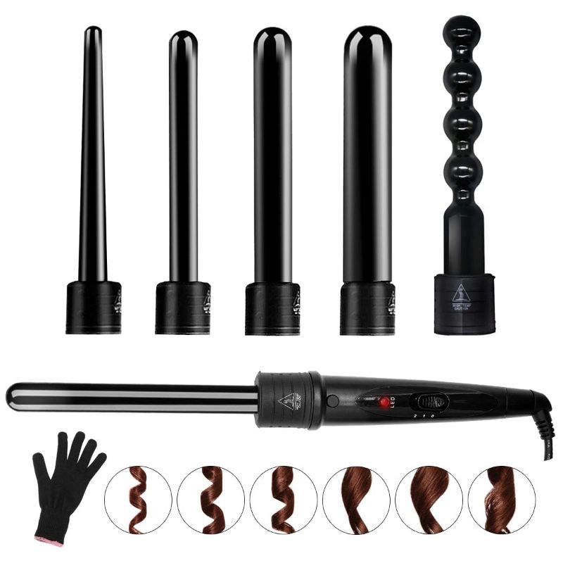 Photo 1 of 6 in 1 Curling Iron Wand Set With 6 Interchangeable Ceramic Barrels and Heat Protective Glove (Black-6in1)
