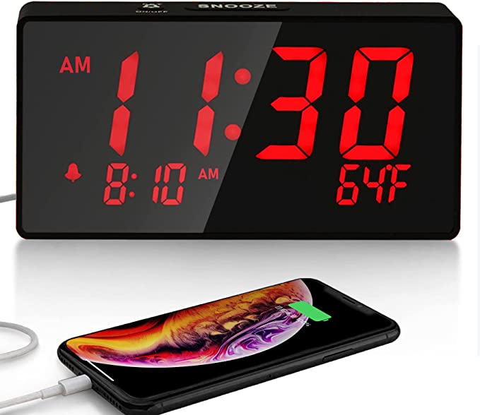 Photo 1 of Desk Digital Alarm Clock for Bedroom, Red 6" LED Display, with USB Port for Charging, 0-100% Brightness Dimmer, Temperature, Snooze , Adjustable Alarm Volume?Small Bedside Clocks