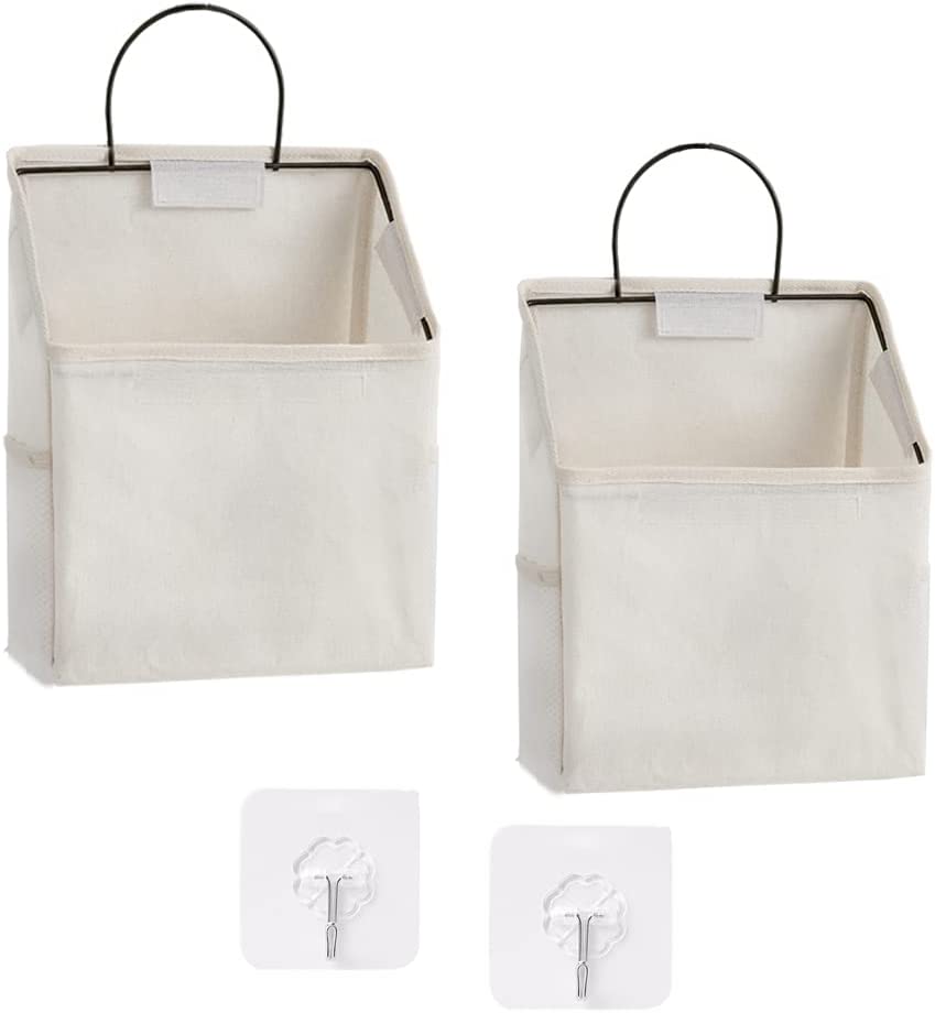 Photo 1 of 2 Pack Wall Hanging Storage Bag with Sticky Hook,Closet Hanging Storage for Pocket,Bathroom Dormitory Organizer Bag,Linen Cotton Organizer Box Containers for Bedroom(White)
