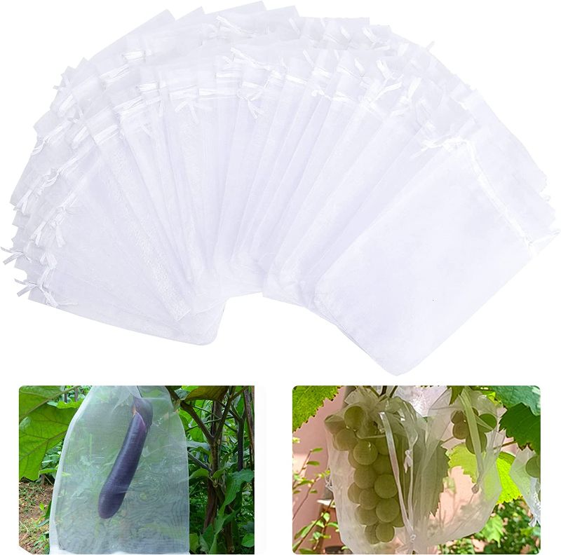 Photo 1 of 100 Pcs Penetrating Light Fruit Protection Bags- 8x12 Inch Organza Fruit Netting Barrier Bags ,Garden Plant Fruit Mesh Bags with Drawstring
