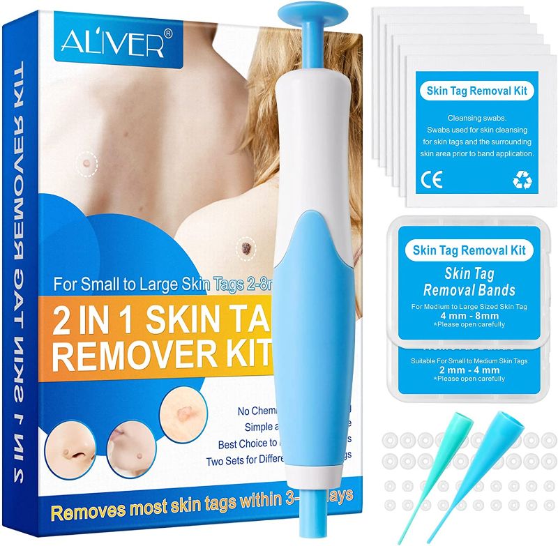 Photo 1 of 2 in 1Painless Skin Tag Removal Tool Kit for Small (2mm) to Large (8mm) Skin Tags,with 1Double-Ended Skin Tag Removal Pen, 10 Cleansing Wipes,2 Boxes(40) of Rubber Rings