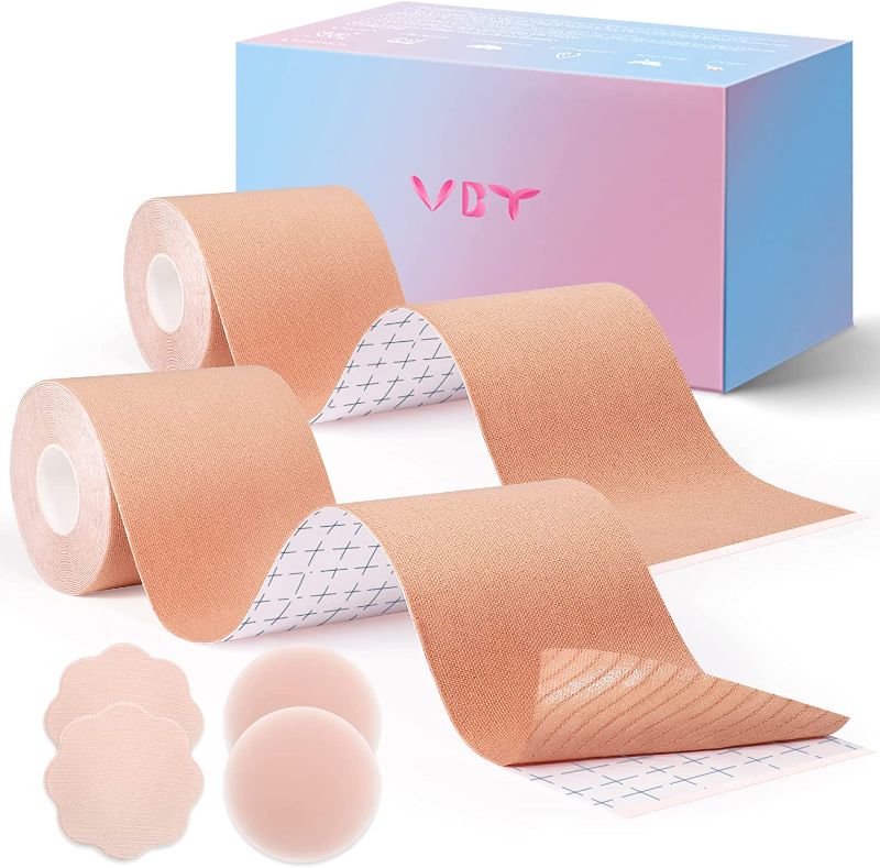 Photo 1 of 2 Pack Boob Tape - Breast Lift Tape, Body Tape for Breast Lift w 2 Pcs Silicone Breast Petals Reusable Adhesive Bra& 2 Pcs Fabric Nipple Covers, Bob Tape for Large Breasts A-G Cup, Nude
