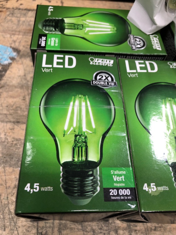 Photo 4 of Bundle of 5 
Feit Electric 25-Watt Equivalent A19 Medium E26 Base Dimmable Filament LED Light Bulb Green Colored Clear Glass 