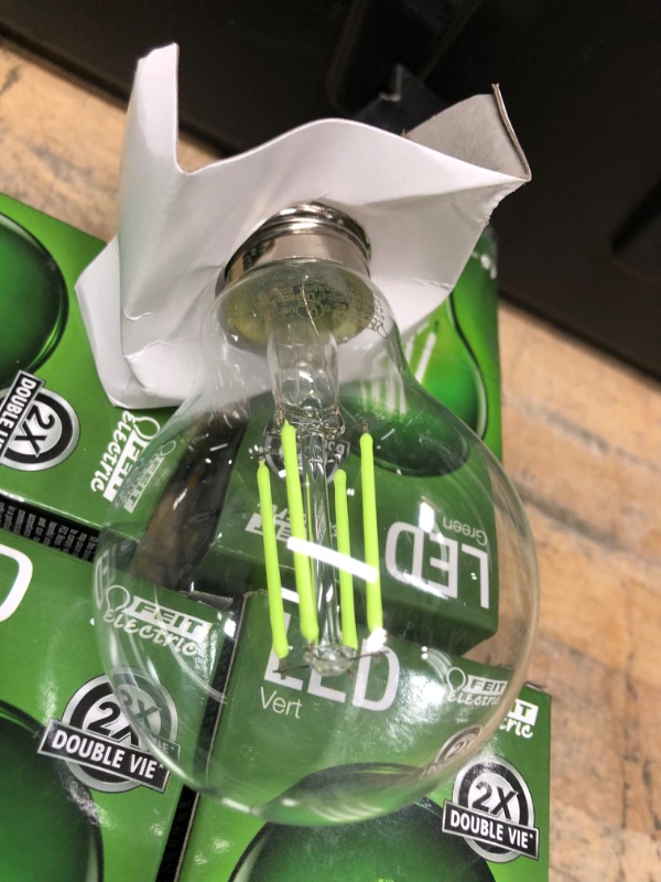 Photo 3 of Bundle of 5 
Feit Electric 25-Watt Equivalent A19 Medium E26 Base Dimmable Filament LED Light Bulb Green Colored Clear Glass 