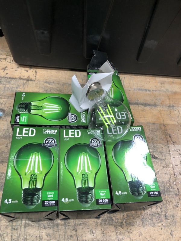 Photo 2 of Bundle of 5 
Feit Electric 25-Watt Equivalent A19 Medium E26 Base Dimmable Filament LED Light Bulb Green Colored Clear Glass 