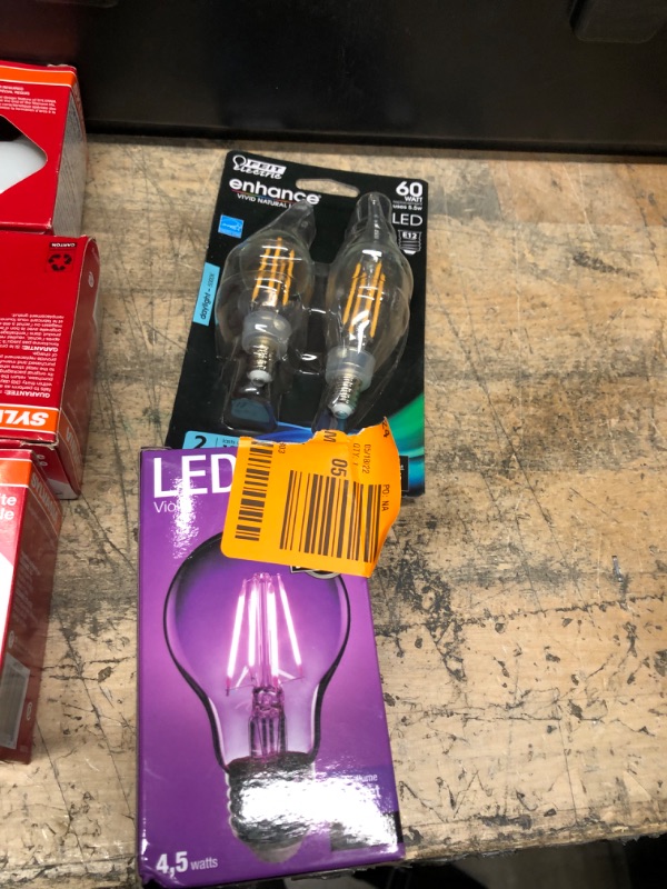 Photo 2 of Bundle of Light Bulbs
15-Watt A15 Incandescent Light Bulb, 3.6 Watt a-Line A19 Filament LED Bulb Purple, 60W Equivalent BA10 E12 Candelabra Dimmable Filament