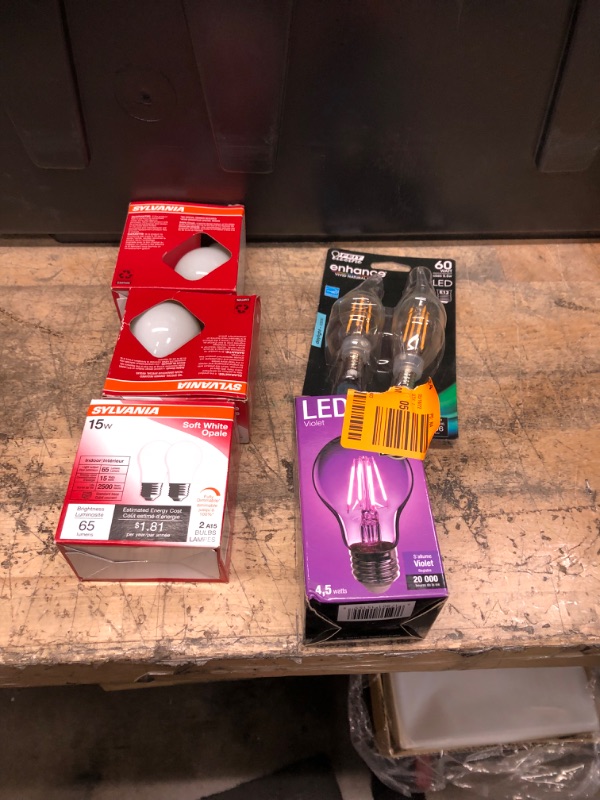 Photo 1 of Bundle of Light Bulbs
15-Watt A15 Incandescent Light Bulb, 3.6 Watt a-Line A19 Filament LED Bulb Purple, 60W Equivalent BA10 E12 Candelabra Dimmable Filament