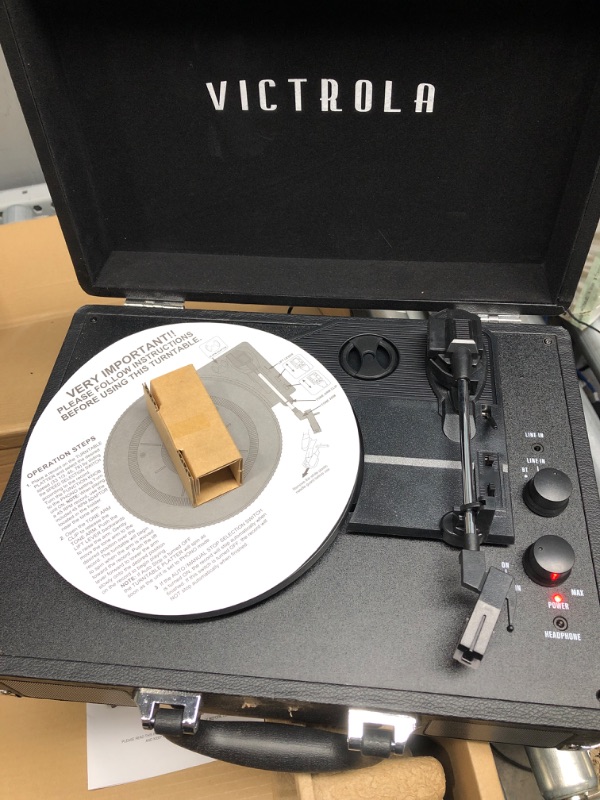 Photo 1 of Victrola Vintage 3-Speed Bluetooth Portable Suitcase Record Player with Built-in Speakers | Upgraded Turntable Audio Sound| Includes Extra Stylus | Black, Model Number: VSC-550BT-BK, 1SFA *Damaged Lock*
