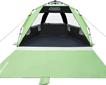 Photo 1 of ArcadiVille Beach Tent Pop up, UPF 50+ Sun Shelter 4 Person Tent w/ Blackout Anti-UV Coating to Body Cooling, Portable Lightweight Beach Sun Shade Canopy w/ Extended Floor, 3 Ventilated Windows
