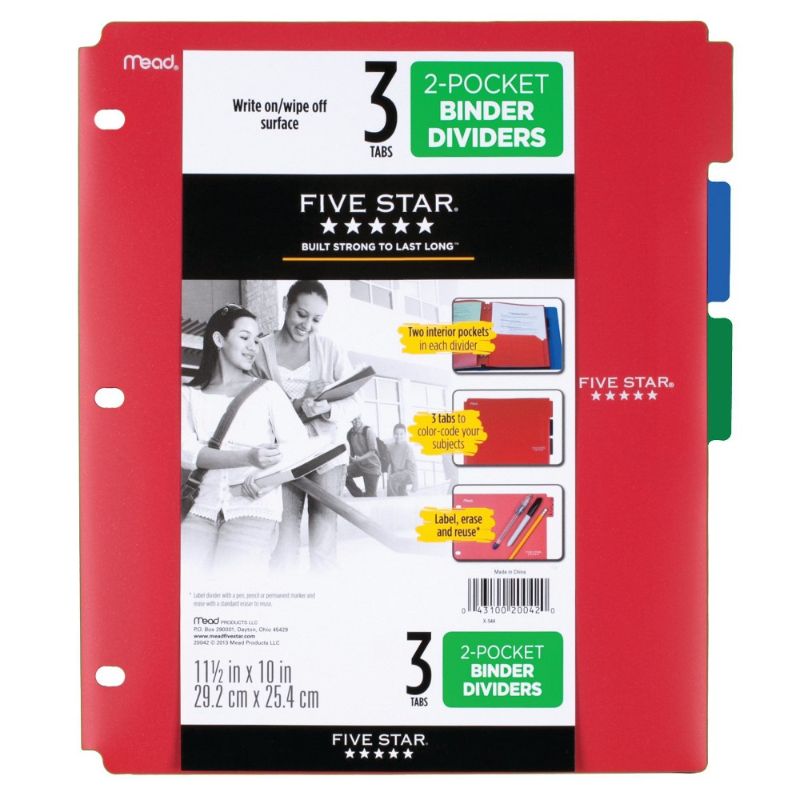 Photo 1 of BUNDLE OF (5 ITEMS) Five Star 2 Pocket Binder Dividers 3ct Red Blue Green
