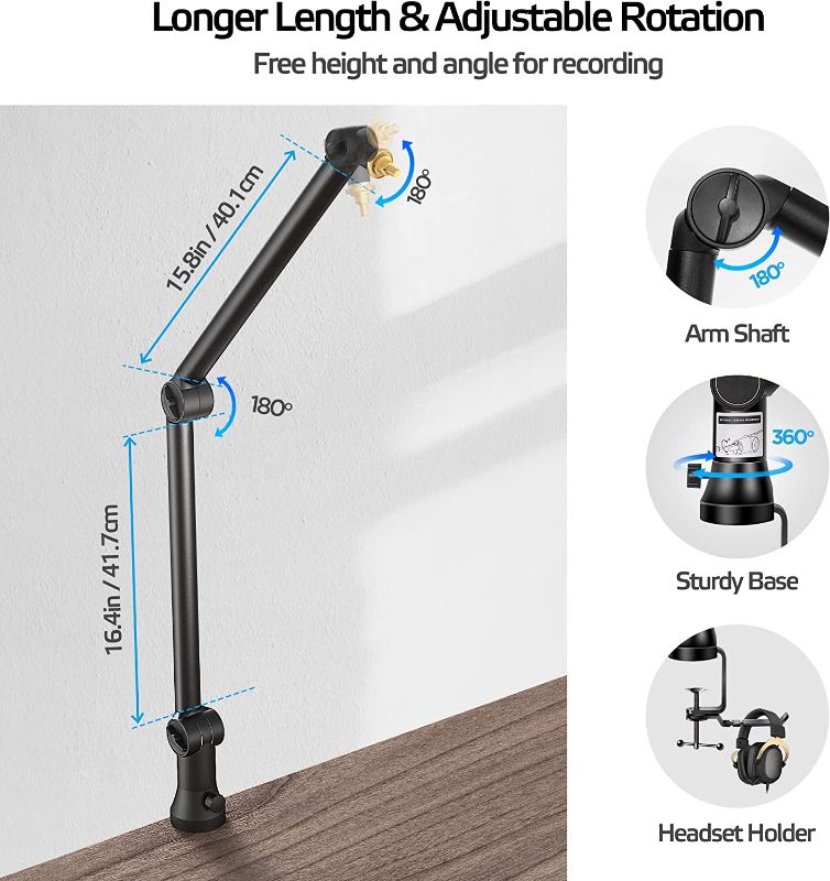 Photo 1 of Mic Arm Desk Mount(Longer)for Shure SM7B/MV7/Blue Yeti/Snowball/AT2020 Mic?Others,Bietrun Universal Pro-Heavy Duty Metal Mic Boom Arm Stand with 3/8" to 5/8" Adapter,Hidden Cable Trough,Headset Hook
