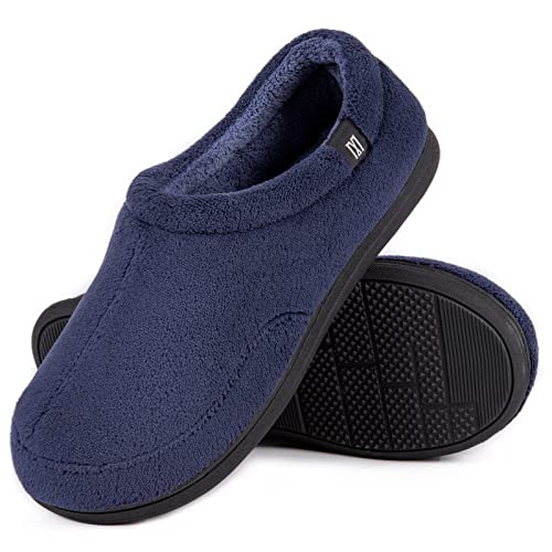 Photo 1 of Merrimac Men's Classic Coral Fleece Memory Foam Slippers Comfy Warm Indoor/Outdoor House Shoes with Rubber Sole Navy Blue, Size 10.
