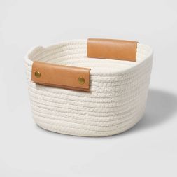 Photo 1 of 11" Decorative Coiled Rope Square Base Tapered Basket with Leather Handles Small White - Brightroom™

