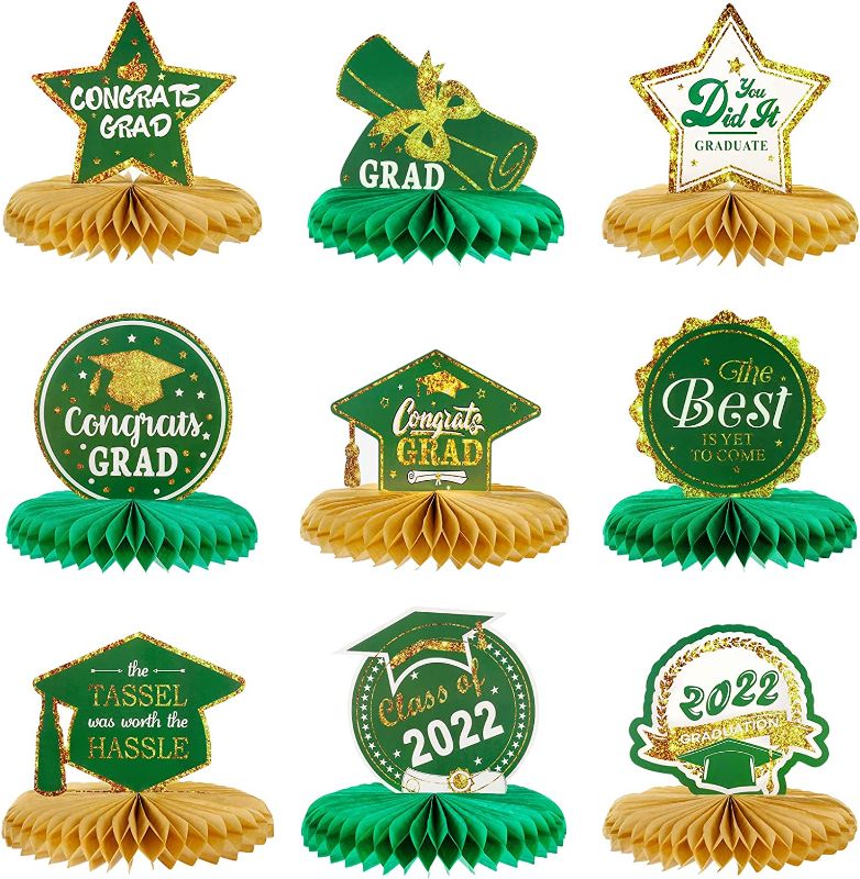 Photo 1 of 2022 Graduation Honeycomb Centerpieces, Graduation Party Table Centerpieces Green for 2022 Graduation Party Favors Table Decorations - 9Pcs
